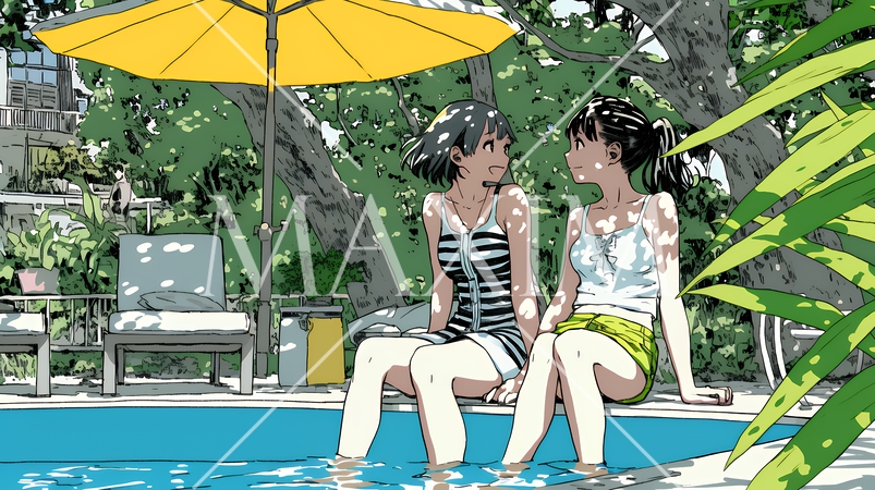 プールサイドのデッキチェアで談笑する女友達たち｜夏のリゾートで過ごすリラックスしたライフスタイルイメ