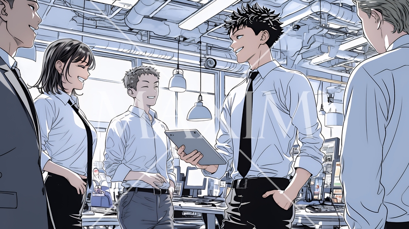 オフィスで立ったまま簡単な打合せをしているビジネスパーソン