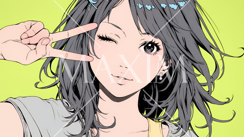 アイドルのように顔の横でピース＋ウィンクしている若い女性