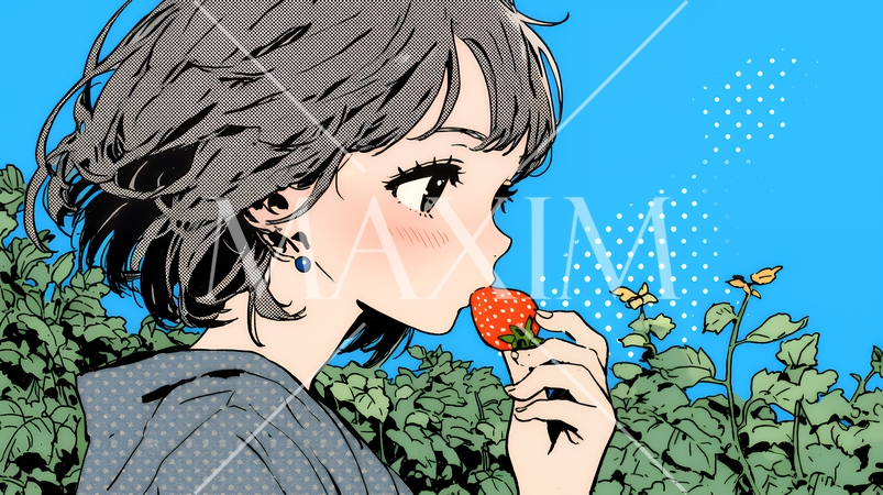 イチゴを摘んで食べている若い女性