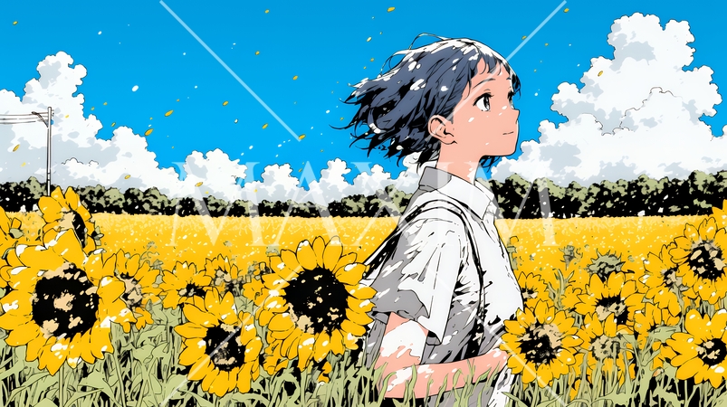 真夏の青空のもと、ヒマワリ畑を散策している若い女性