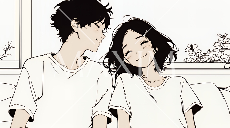 幸せそうなカップル：リビングルームて談笑（シンプルな色使い）