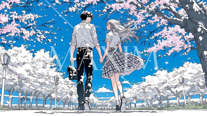 満開の桜の木の下でデートをしている若い男女のカップル