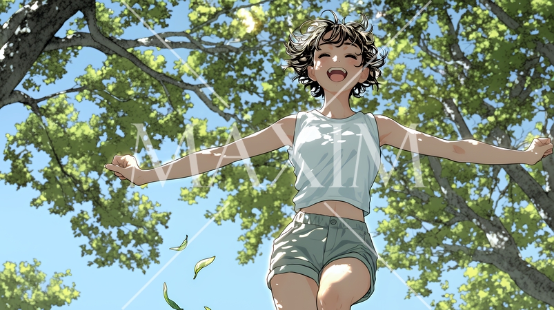 喜びにあふれ、軽やかにスキップする若い女性