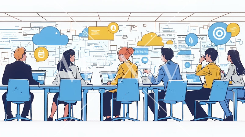 ITビジネスとクラウド技術のコンセプト｜ノートPCで働くチームとデータネットワークのイメージ