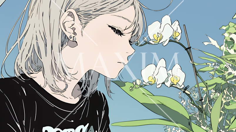 蘭の花と若い女性