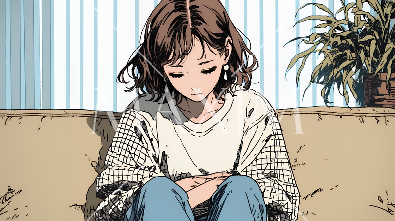 腹痛（生理痛）に苦しむ若い女性