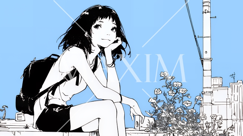 若い女性が佇む都市の街角（シンプルな色使い）