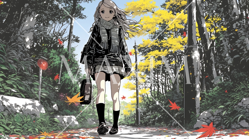 紅葉の小径を歩く若い女性