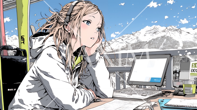 スキーリゾートに来ているのにPCを手放せない若い女性