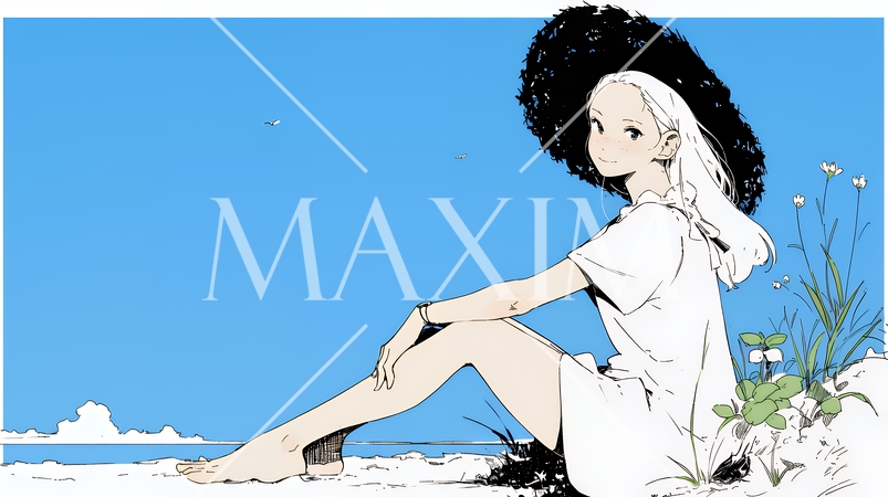 一人旅の若い女性と夏のビーチの風景（シンプルな色使い）