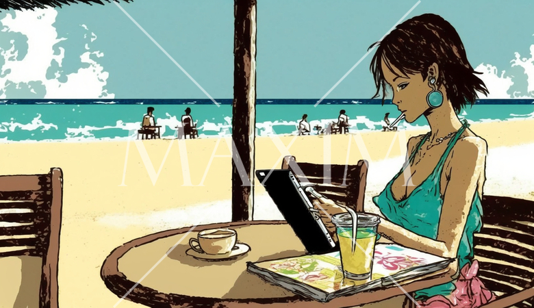 海辺のリゾートに来ているのに仕事のデジタルデバイスを手放せない女性