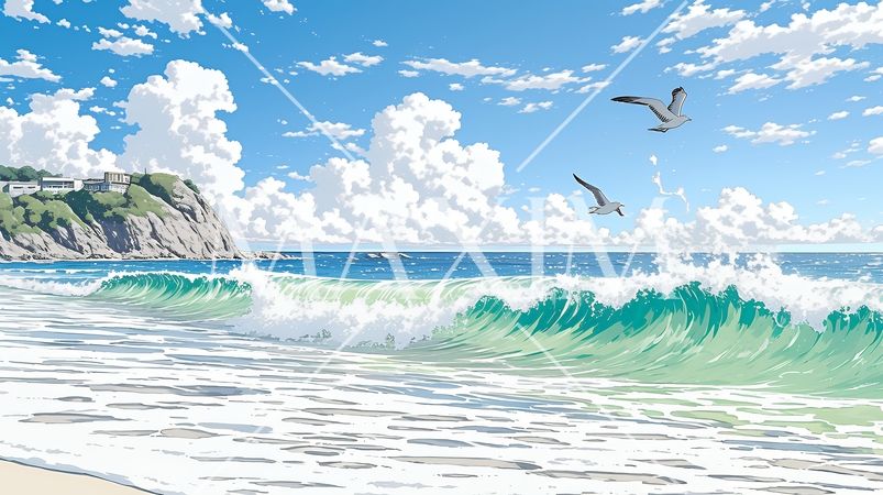 夏の海と空と白い浜辺