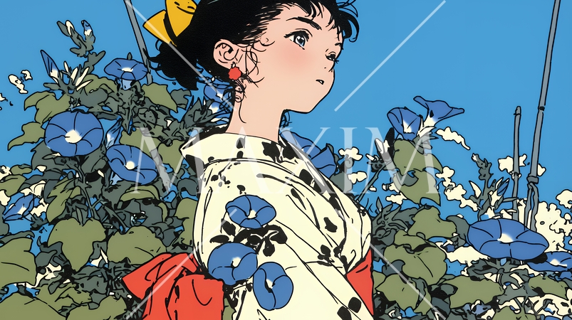 アサガオと浴衣姿の若い女性