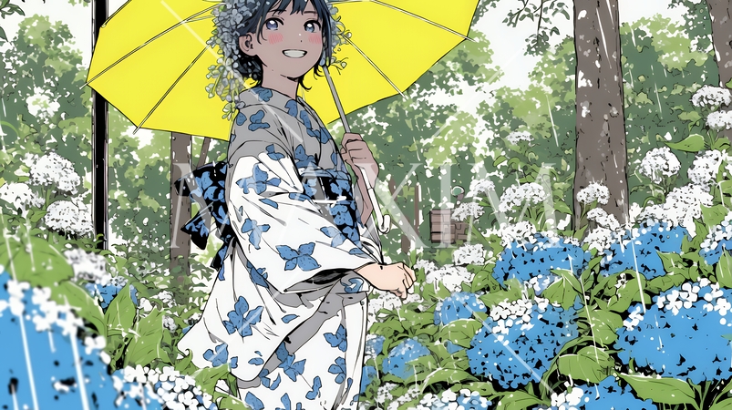 あじさいの小径を和服で歩く若い女性