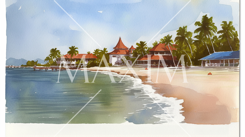 コテージが並ぶ南国の海辺の風景