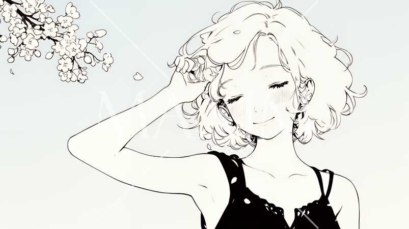 満開の桜の下、春風に乱れた髪を整える若い女性（シンプルな色使い）