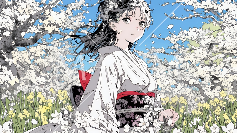 満開の梅の花と和服姿の若い女性
