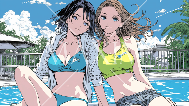 南国のリゾートホテルのプールに女友達といるビキニ姿の若い女性たち