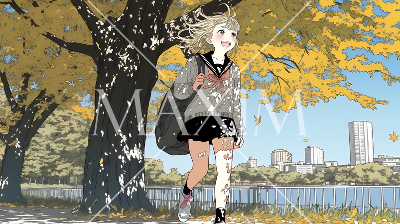 水辺の紅葉の小径を散策している若い女性