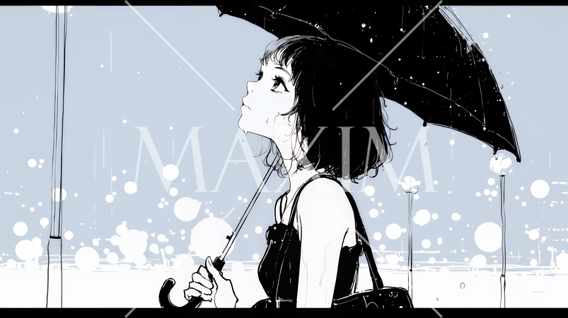 雨の日に傘をさして歩く若い女性（シンプルな色使い）