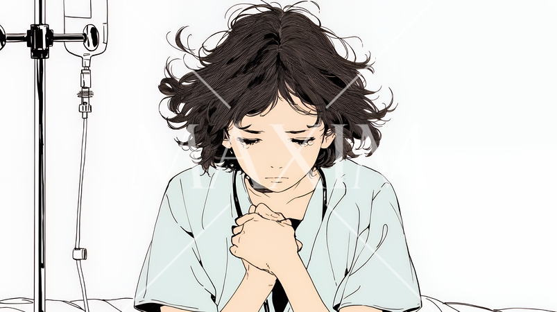 病院のベッドに腰掛けて気落ちしている女性（シンプルな色使い）