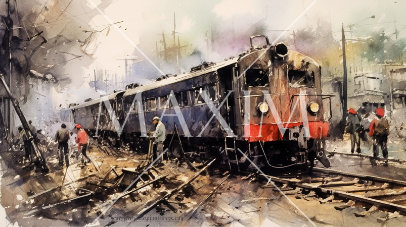 列車事故：列車事故発生直後の水彩画