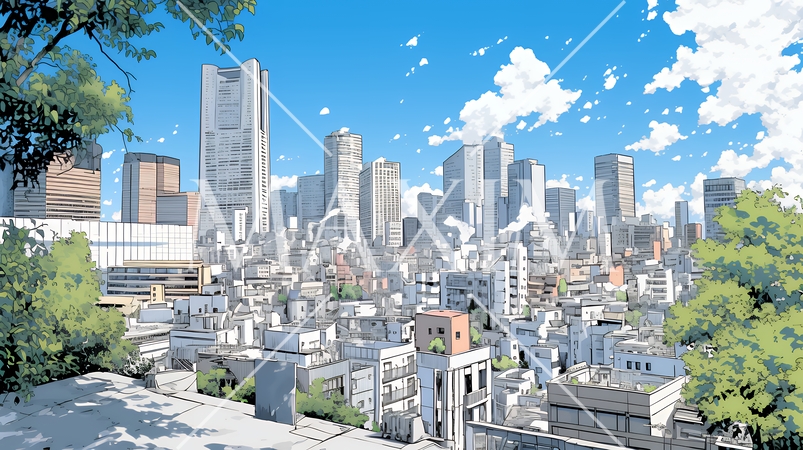 都市の町並みと青空