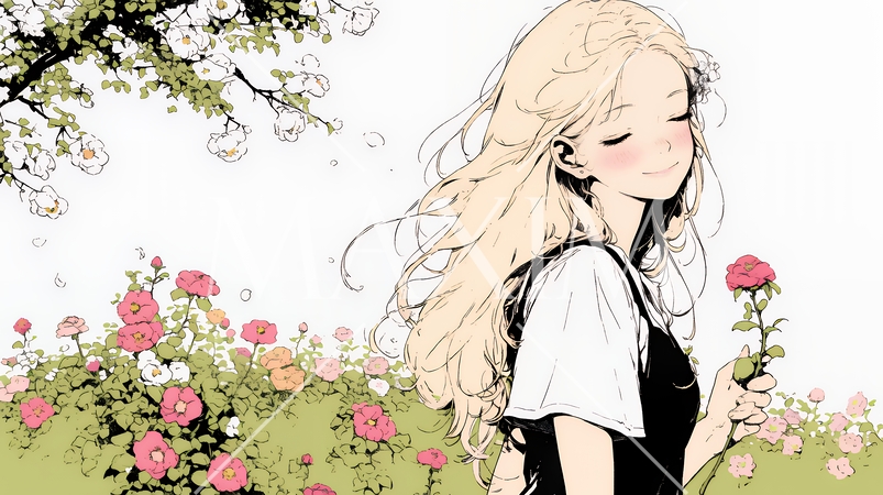 バラ園を散策している若い女性（シンプルな色使い）