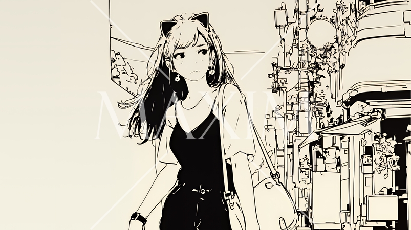 若い女性が佇む都市の街角（シンプルな色使い）