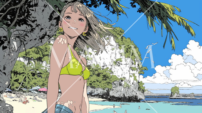 南国の海岸にビキニ姿でいる若い女性