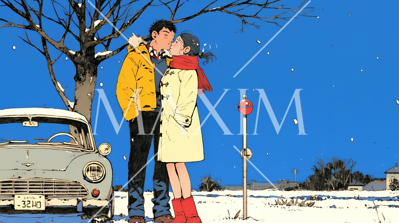 冬枯れ街をデートしている若い恋人たち