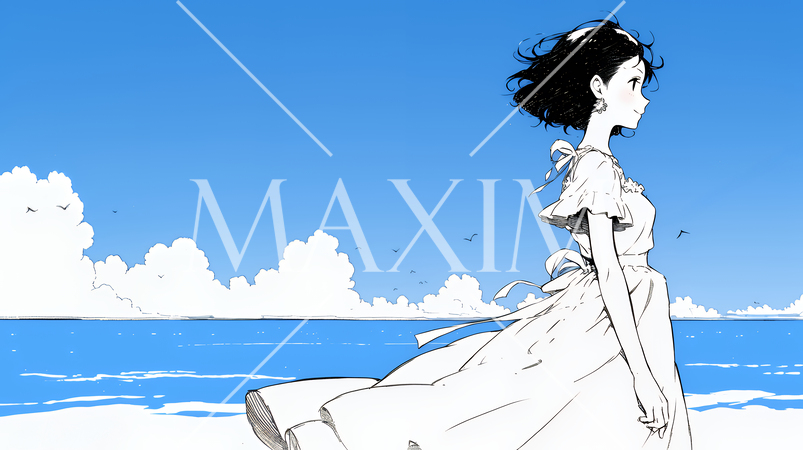 一人旅の若い女性と夏のビーチの風景（シンプルな色使い）