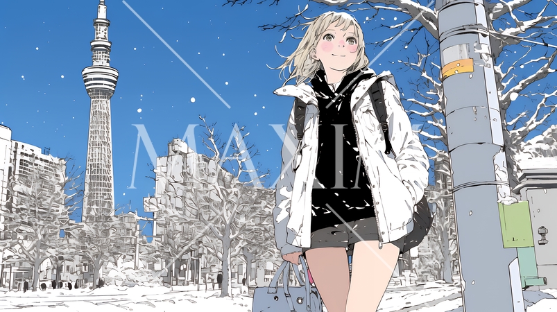 冬枯れの街を歩く若い女性