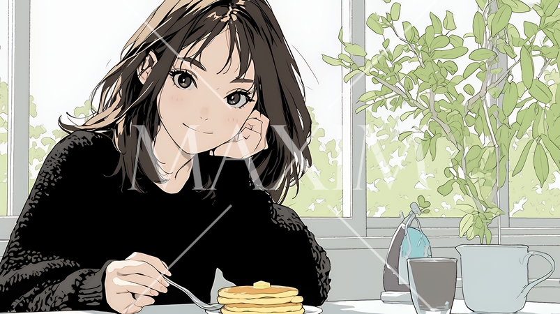 早朝のダイナー（喫茶店）でパンケーキ（モーニングセット）を食べる若い女性