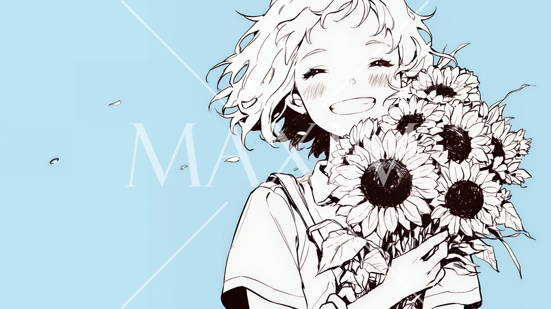 ひまわりと女性（シンプルな色使い）