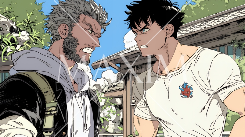 親子喧嘩：青年男子の息子と父親がいがみ合っている