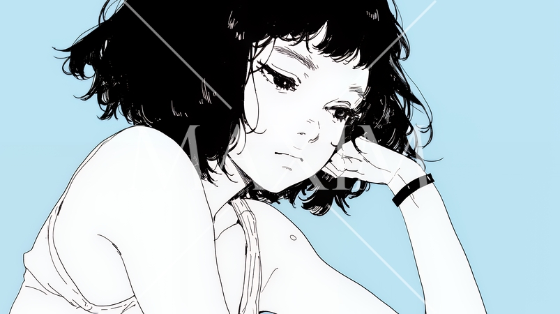 ため息をつく若い女性（シンプルな色使い）