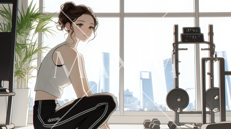 休日にジムで軽く運動する若い女性（シンプルな色使い）