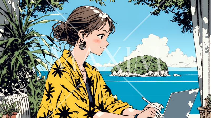 ワーケーション：休暇を楽しみながら仕事をしている女性