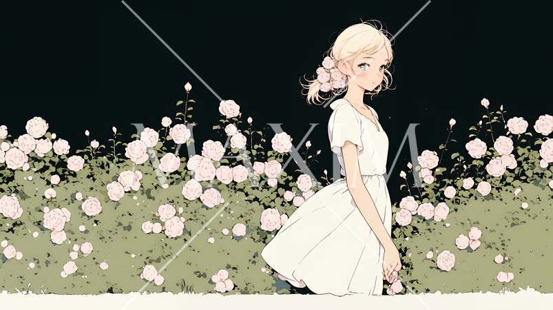 バラ園を散策している若い女性（シンプルな色使い）