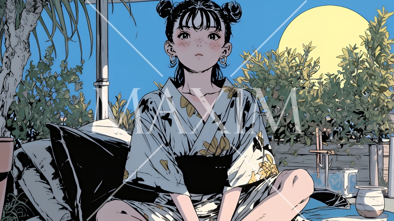 一人で月見酒をしている若い女性