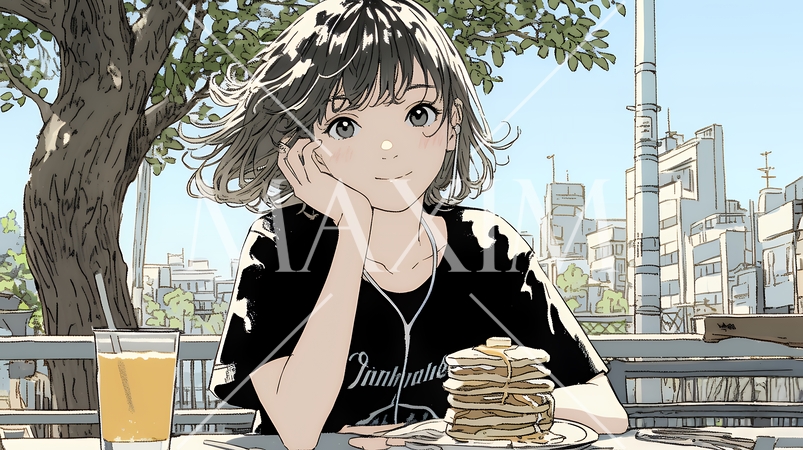 早朝のダイナー（喫茶店）でパンケーキ（モーニングセット）を食べる若い女性