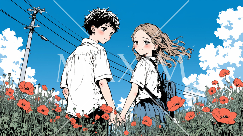 ポピー畑でデートをしている初々しい恋人たち