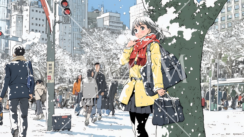 雪の積もる冬の都会を散策している若い女性
