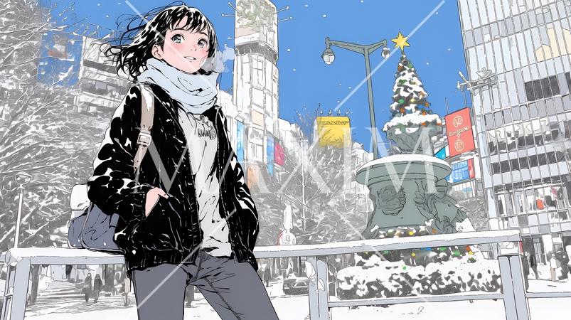 雪の積もる冬の都会を散策している若生女性