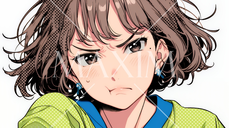 イライラした表情で口をとがらせて舌打ちをしている若い女性