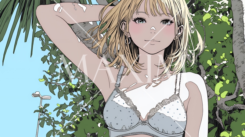 下着姿でくつろいでいる若い女性