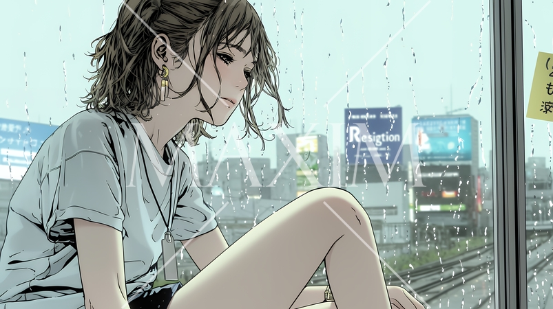 思案・反省・諦め? 窓から流れ落ちる雨粒を見つめる若い女性