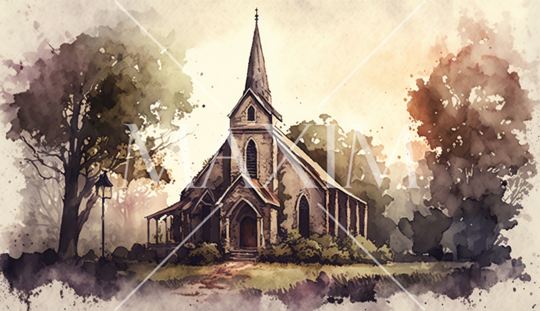 山間に建つ教会（チャペル）の水彩画